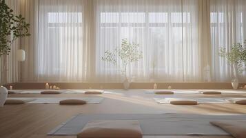 ai generado tranquilo yoga estudio sereno retirada de natural ligero calmante música y consciente de practicantes foto