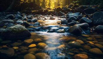 AI generated Tranquil scene of flowing water in a forest generated by AI photo