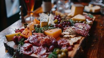 AI generated Artfully Assembled Charcuterie Delights Displayed on Rustic Wooden Table Illuminated by Soft Natural Light photo