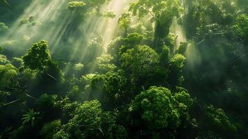 AI generated SunDappled Forest Canopy Aerial View of Lush Greenery and Tall Trees With Sunlight Peeking Through photo