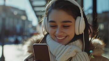 AI generated Joyful Young Woman Engages with Music and Modern Technology in CloseUp Portrait photo