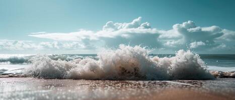 AI generated Powerful waves gracefully break on the sandy shore, a mesmerizing display of nature's force. Ai Generated photo