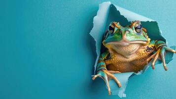 AI generated A humorous toad peers through a ripped hole in a contrast pastel color paper background, Ai Generated photo