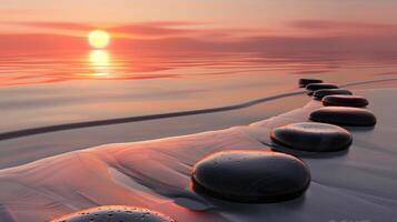 AI generated Embark on a tranquil journey along a Zen path of stones, illuminated by the warm hues of sunset. Serenity unfolds, Ai Generated. photo