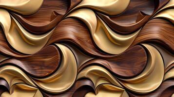 AI generated Elevate your space with a 3D wallpaper mimicking a luxurious wood and gold mosaic decor. Ai Generated. photo