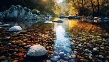 AI generated Tranquil scene of flowing water reflects autumn beauty generated by AI photo