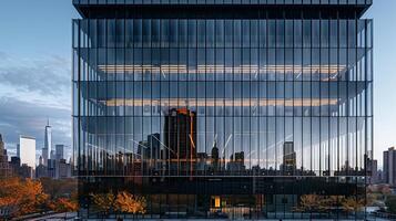 AI generated Reflections of Urban Life Wide Shot of Modern Glass Office Building Capturing Cityscape with 24mm Lens photo