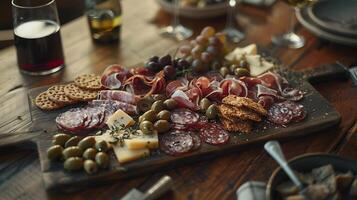 AI generated Rustic Charcuterie Board Showcases Assorted Cheeses Meats and Fruits in Soft Natural Light photo