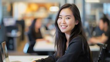 AI generated Confident Businesswoman Embraces Productive Workspace Engaged in Modern Office Environment photo