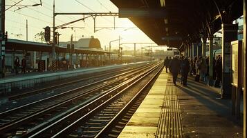 ai generado viajeros esperar tren llegada en bullicioso estación en medio de ferrocarril pistas y gastos generales alambres foto