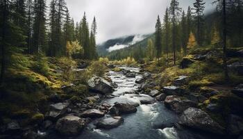 AI generated Tranquil scene of mountain peak in autumn generated by AI photo