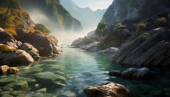 AI generated Majestic mountain peak, tranquil scene, flowing water generated by AI photo