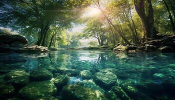 AI generated Tranquil scene of green forest, flowing water generated by AI photo