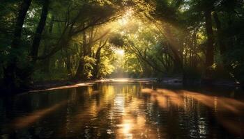 ai generado tranquilo escena de verde bosque refleja vibrante luz de sol generado por ai foto