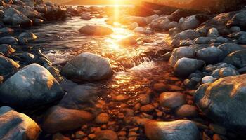 AI generated Sunset over rocky coastline, water reflecting tranquil beauty generated by AI photo