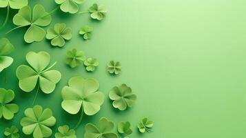 AI generated Vibrant green background adorned with three-leaved shamrocks, clover leaves. Ai Generated. photo