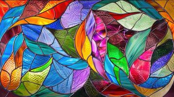 AI generated Colorful abstract shapes illuminate a stained glass window background, Ai Generated. photo