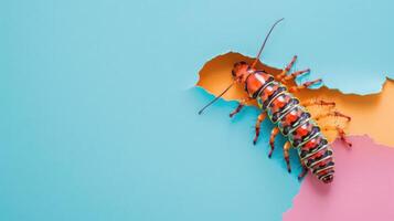 AI generated A humorous centipede peers through a ripped hole in a contrast pastel color paper background, Ai Generated photo