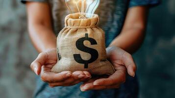 AI generated Hands holding dollar sign bag next to glowing light bulb, symbolizing financial ideas, Ai Generated photo