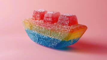 AI generated Realistic gummy candy shaped like a desk boat, featuring three colors, elastic texture, and sugar sprinkle, Ai Generated photo