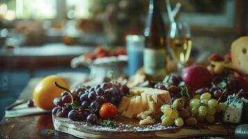 AI generated Rustic Table Setting with Colorful Fruits and Vegetables Bathed in Soft Natural Light photo