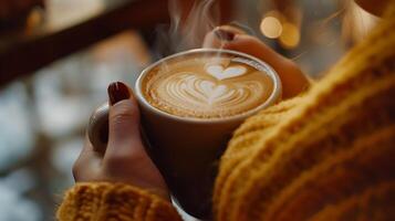 AI generated Cozy Coffee Shop Moment Womans Hand Holds Steaming Cup 50mm Lens Captures Intimate Scene photo