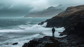 AI generated Gazing Out at the Vast Ocean Embracing Resilience Amidst Tumultuous Waves and Overcast Sky photo