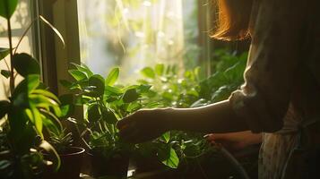 AI generated Woman Tends to Green Plants on Sunny Windowsill Bathed in Soft Natural Light photo