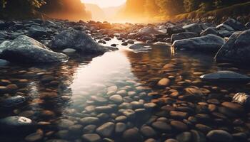 AI generated Tranquil scene of nature  water, rock, sunset generated by AI photo