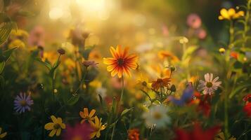 AI generated Colorful Wildflowers Embrace Lush Meadow Under Clear Blue Sky photo