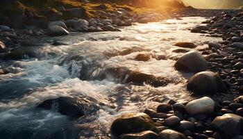 AI generated Sunset over the water, waves crashing on rocks generated by AI photo