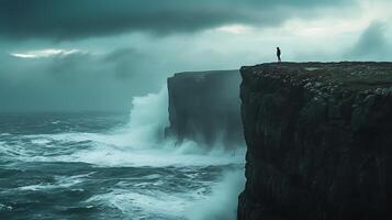 ai generado acerado Resiliencia solitario figura soportes firma en medio de turbulento mares abrazando esperanza y fuerza foto