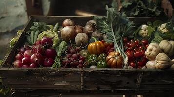 ai generado vibrante frutas y vegetales en de madera tablero iluminado por suave natural ligero foto