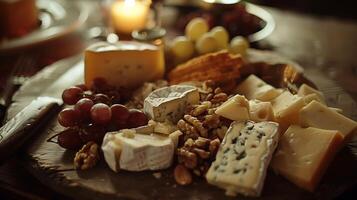 ai generado gastrónomo queso plato en de madera mesa formación de quesos frutas nueces suave natural ligero capturas calentar y atractivo escena foto