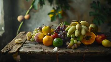 ai generado Fresco frutas y vegetales formación en rústico mesa bañado en suave natural ligero foto