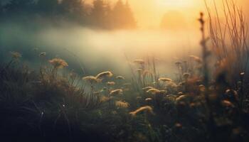 AI generated Sunset over meadow, nature beauty in yellow generated by AI photo