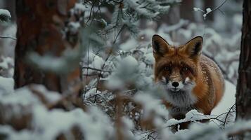 ai generado rojo zorro caza en Nevado bosque suave ligero mediante alto pinos foto
