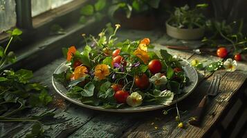 AI generated Vibrant Salad Plated on Rustic Table Bathed in Soft Natural Light photo