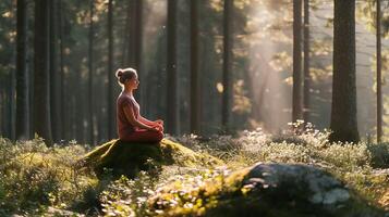 ai generado sereno bosque meditación mujer encuentra interior paz en iluminado por el sol claro entre imponente arboles foto