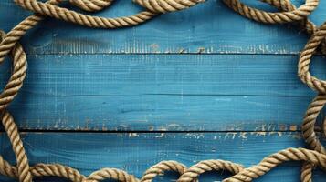 AI generated Nautical background featuring a rope shaped as a circle on a wood backdrop. Ai Generated. photo