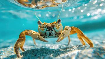 AI generated Hilarious underwater scene crab in pool plays deep dive action, Ai Generated. photo