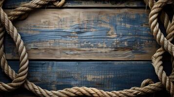 AI generated Nautical background featuring a rope shaped as a circle on a wood backdrop. Ai Generated. photo