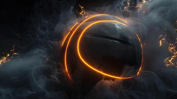AI generated A black basketball adorned with vibrant neon lines on a smoky black background, Ai Generated. photo