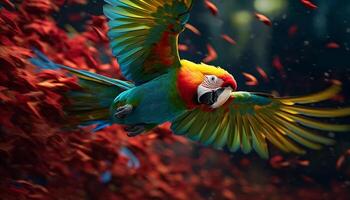 AI generated Vibrant colored macaw perched on branch in nature generated by AI photo