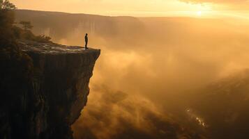 ai generado abrazando cambio silueta a amanecer con vista a brumoso Valle exudando tranquilo determinación Resiliencia y esperanza foto