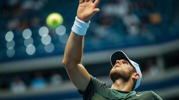 AI generated Tennis Player Serves Amidst Packed Stadium Captured with 200mm Telephoto Lens photo