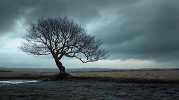 AI generated Resilient Lone Tree Stands Tall Against Stormy Sky Symbolizing Endurance and Strength Amidst Adversity photo