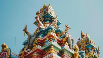 AI generated Ornate Hindu Temple Colorful Deities and Intricate Carvings Against Clear Blue Sky photo