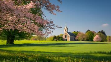 ai generado tranquilo campo Cereza florecer Iglesia en medio de lozano campos y azur cielo foto