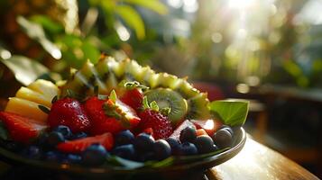 AI generated Colorful Fruit Platter Bathed in Soft Natural Light Inviting and Appetizing Display on Wooden Table photo